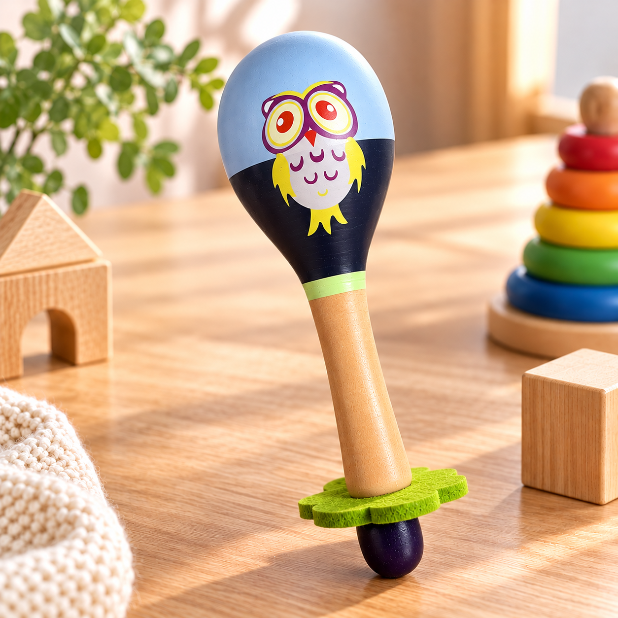 Kinder-Rassel aus Holz „Eule“ – 17 cm