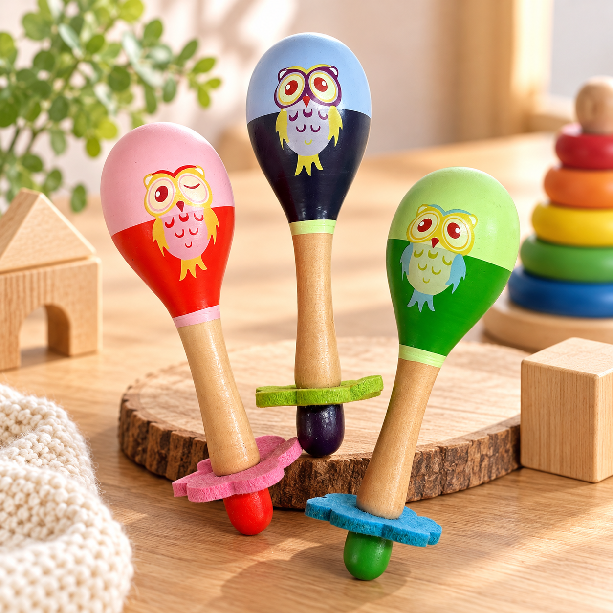 Kinder-Rassel aus Holz „Eule“ – 17 cm