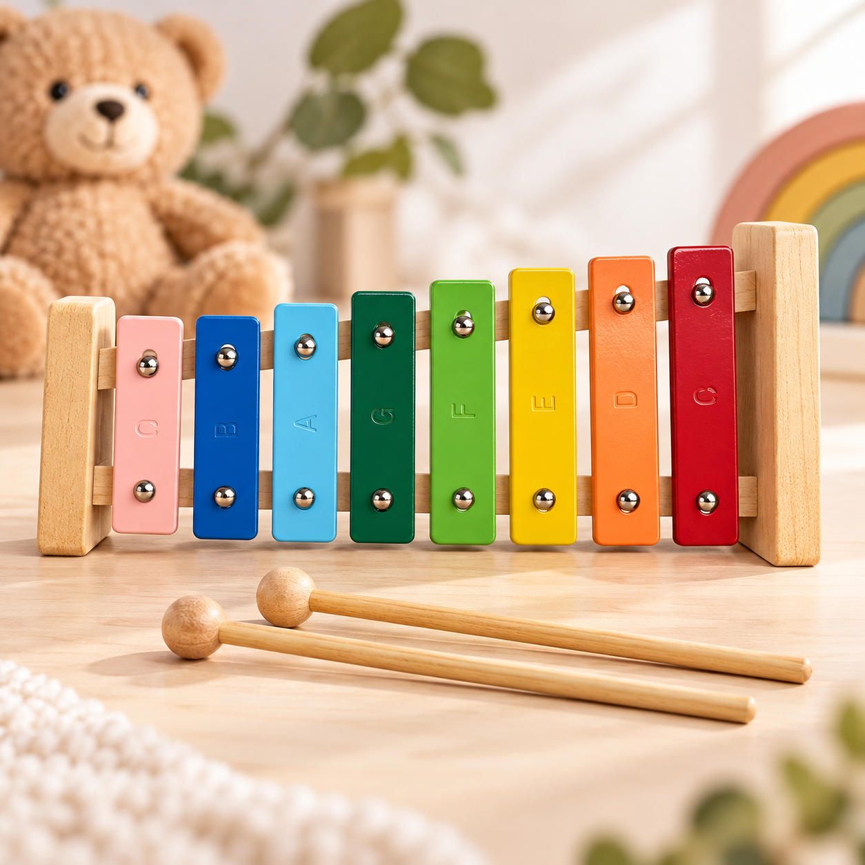 Holz-Xylophon für Kinder – Buntes Musikinstrument mit 8 Klangstäben und 2 Schlägeln