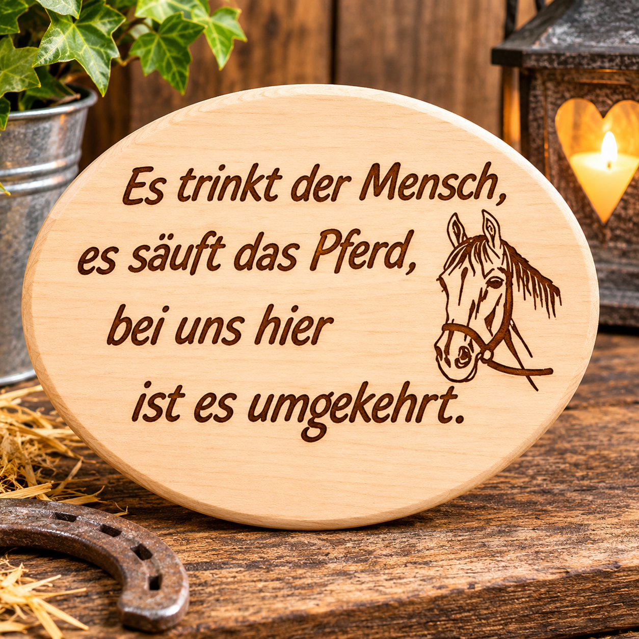 Spruchbrett „Es trinkt der Mensch, es säuft das Pferd“ – humorvolles Geschenk für Pferdeliebhaber
