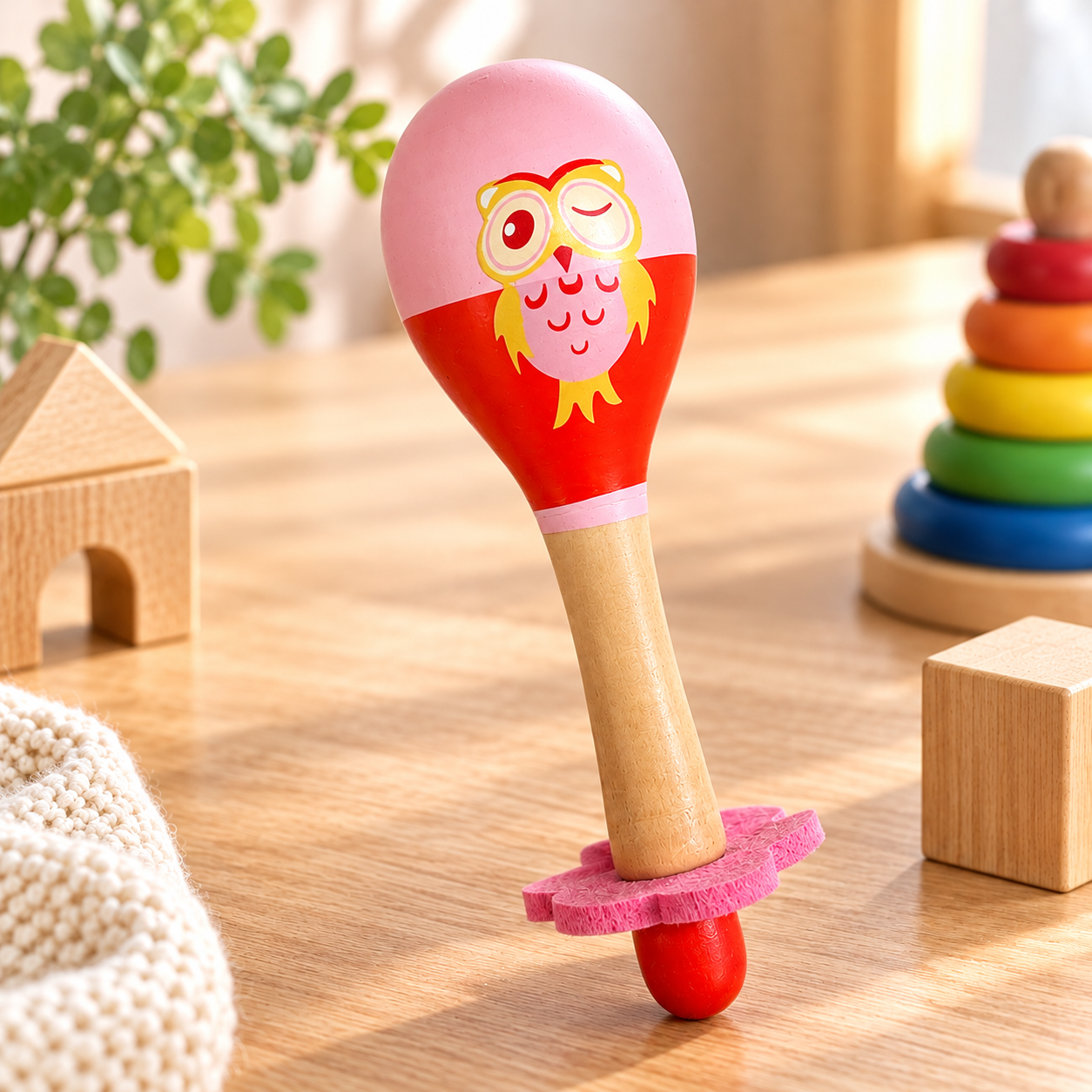 Kinder-Rassel aus Holz „Eule“ – 17 cm