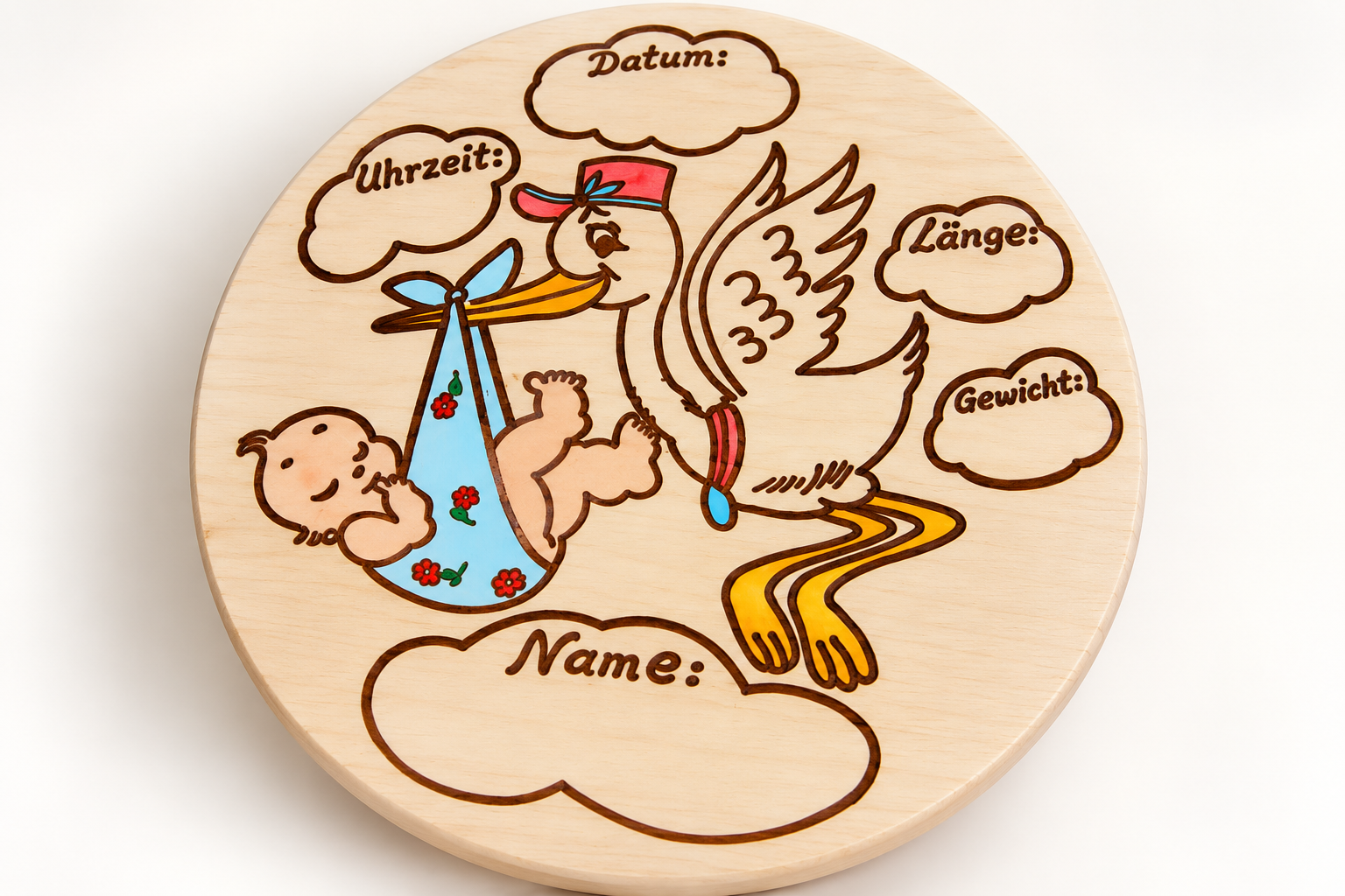 Personalisierter Geburtsteller aus Holz mit Storch und Baby