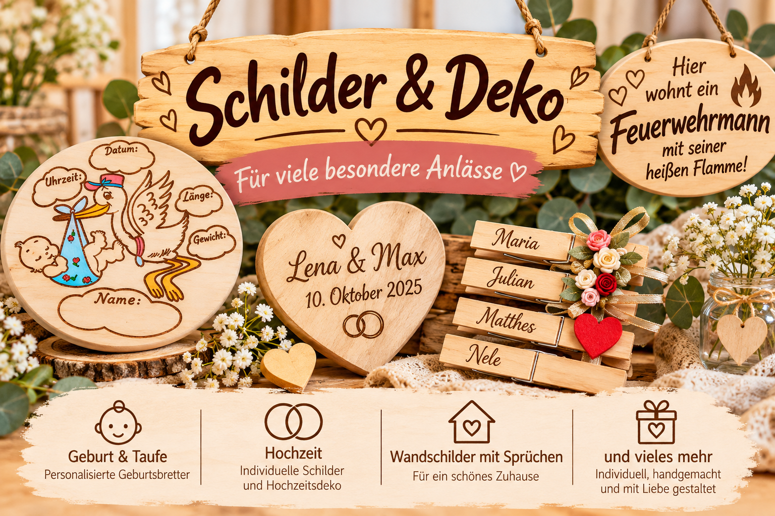 Schilder und Deko aus Holz für Hochzeit, Geburt und besondere Anlässe