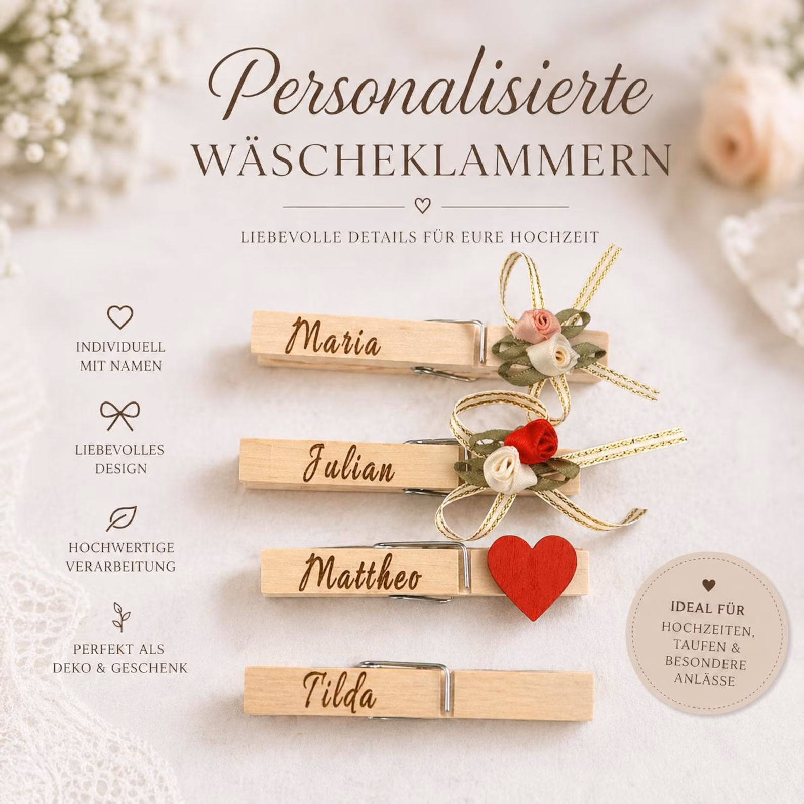 Personalisierte Wäscheklammern mit Namen – Gastgeschenk & Tischdeko zur Hochzeit